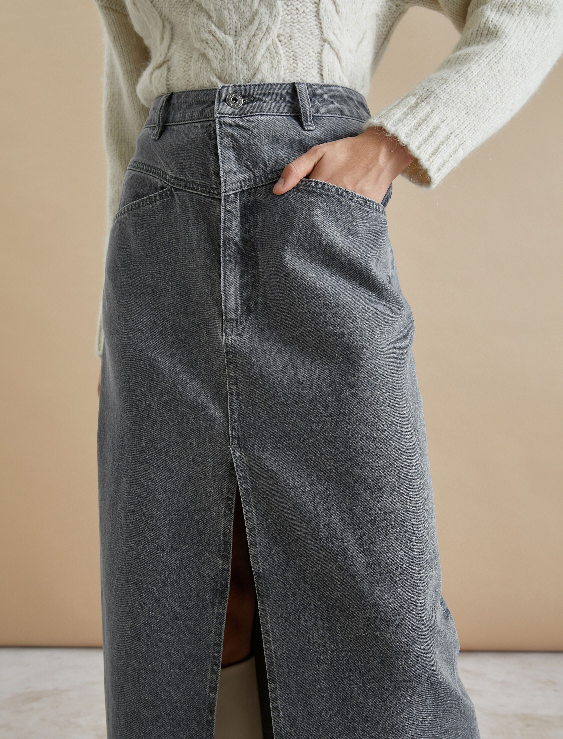   Önden Yırtmaçlı Kot Etek Midi Boy Cepli Pamuklu Rahat Kalıp