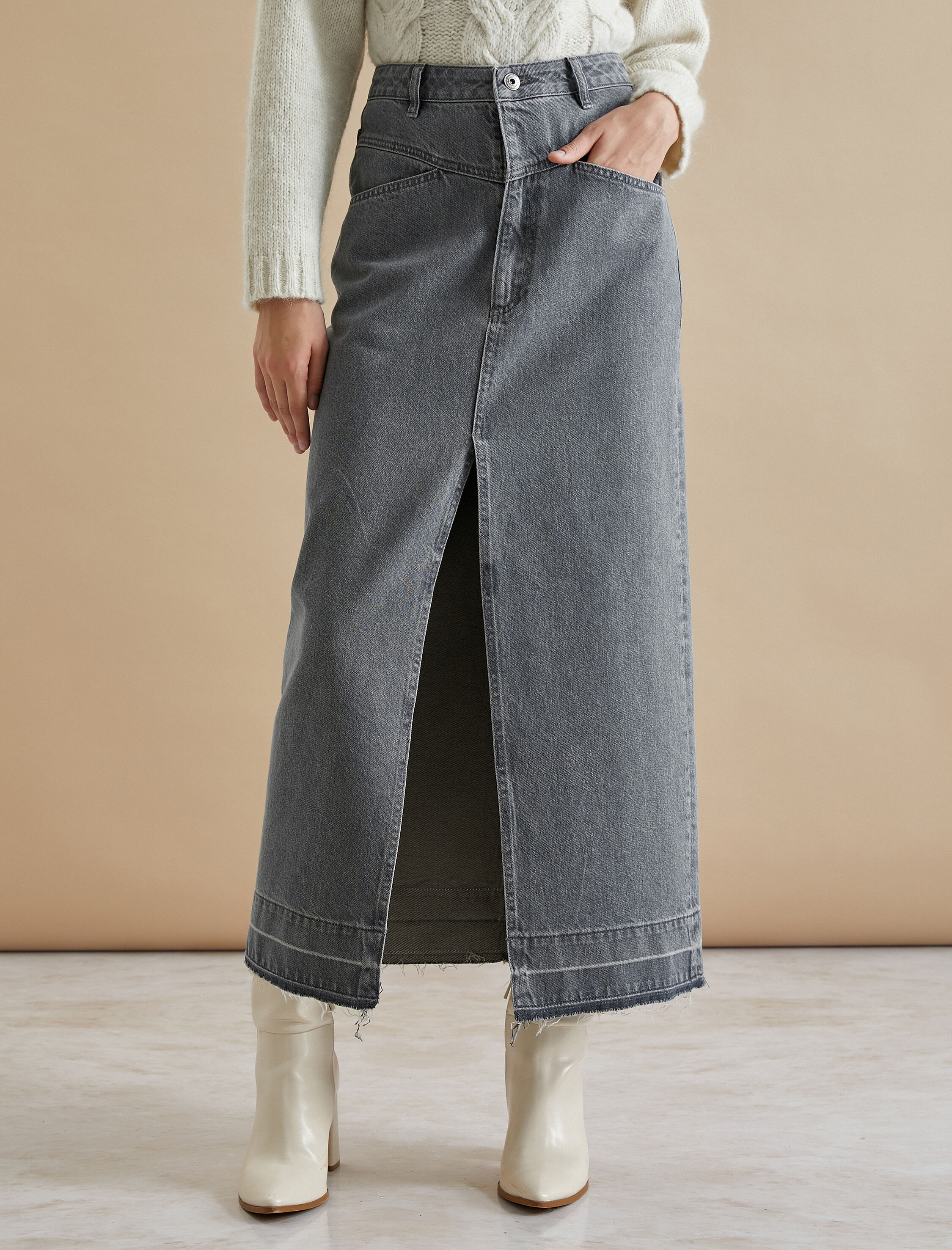   Önden Yırtmaçlı Kot Etek Midi Boy Cepli Pamuklu Rahat Kalıp