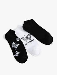 3'lü Patik Çorap Seti Kelebek Desenli Sloganlı Çok Renkli