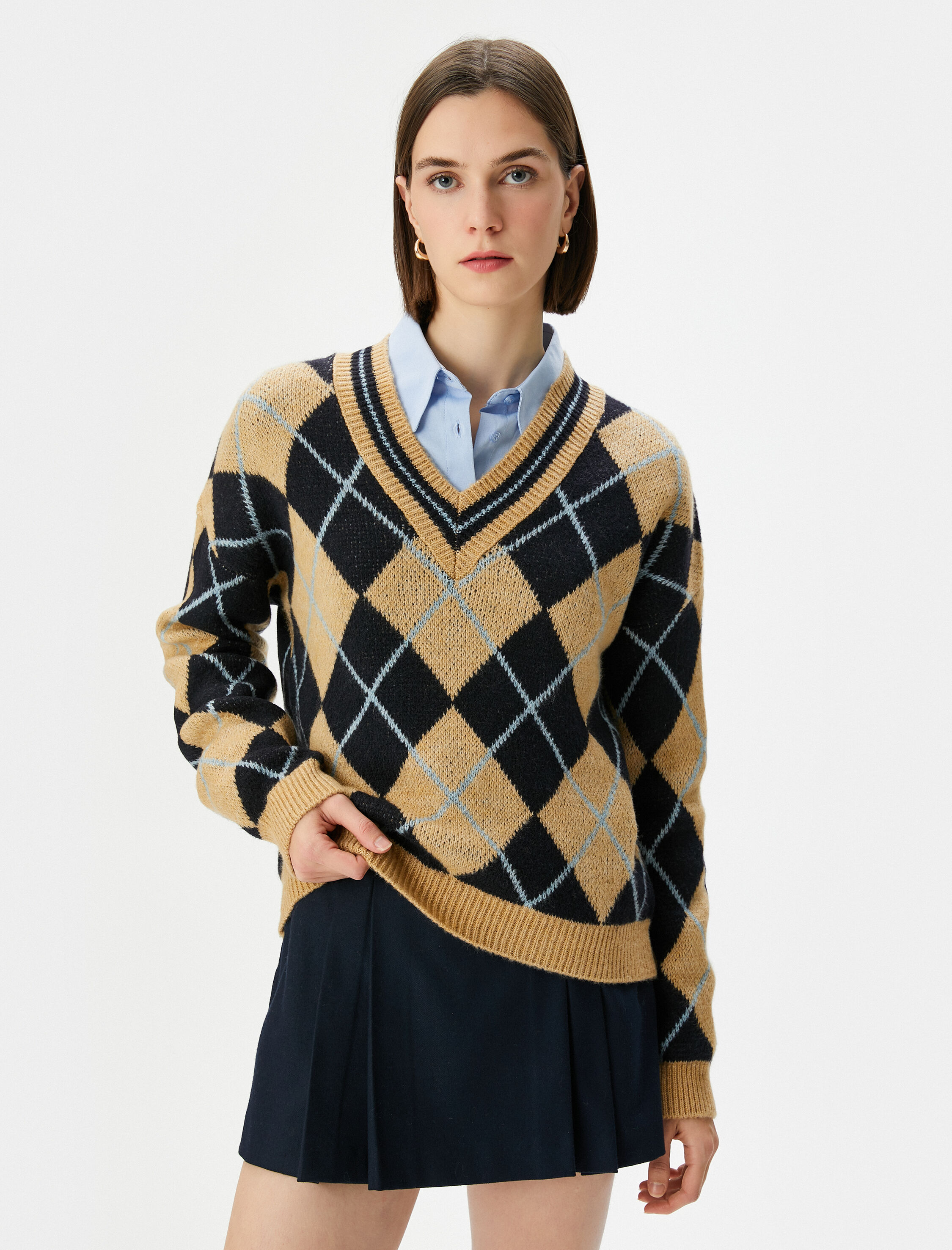   Oversize Kazak V Yaka Baklava Desenli