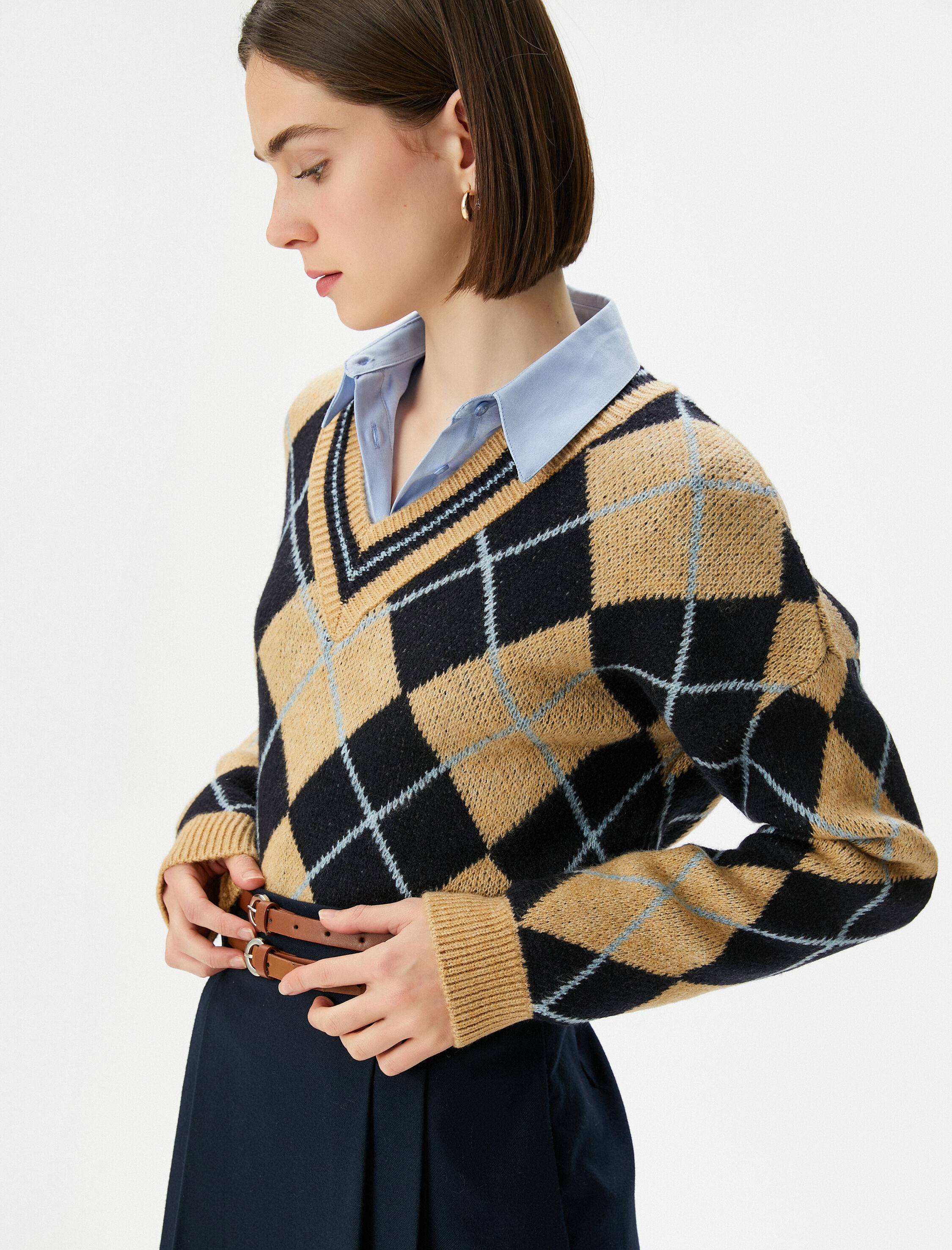   Oversize Kazak V Yaka Baklava Desenli