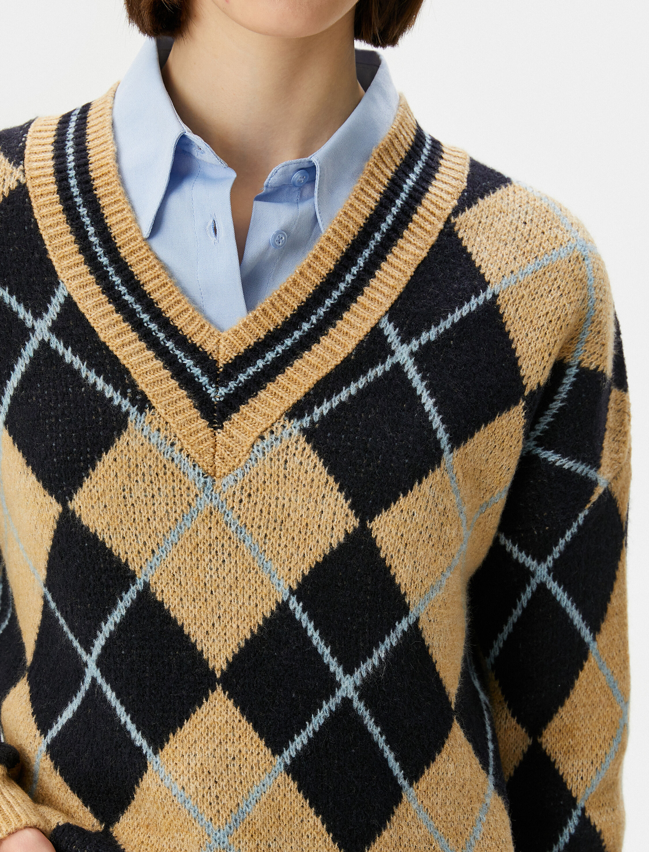   Oversize Kazak V Yaka Baklava Desenli