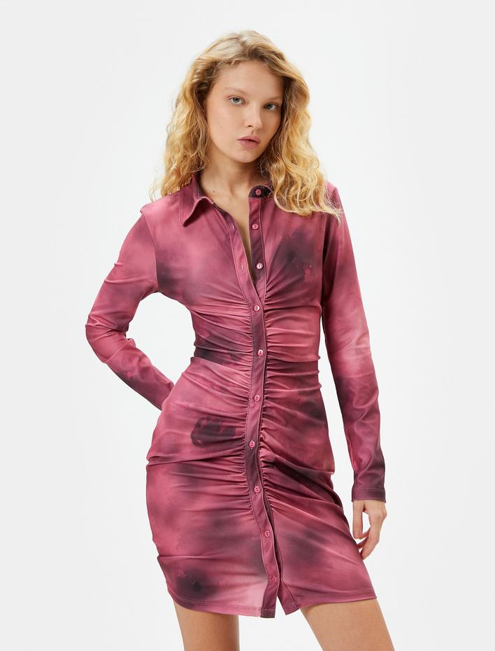  Gömlek Elbise Batik Desenli Mini Boy Drape Detaylı