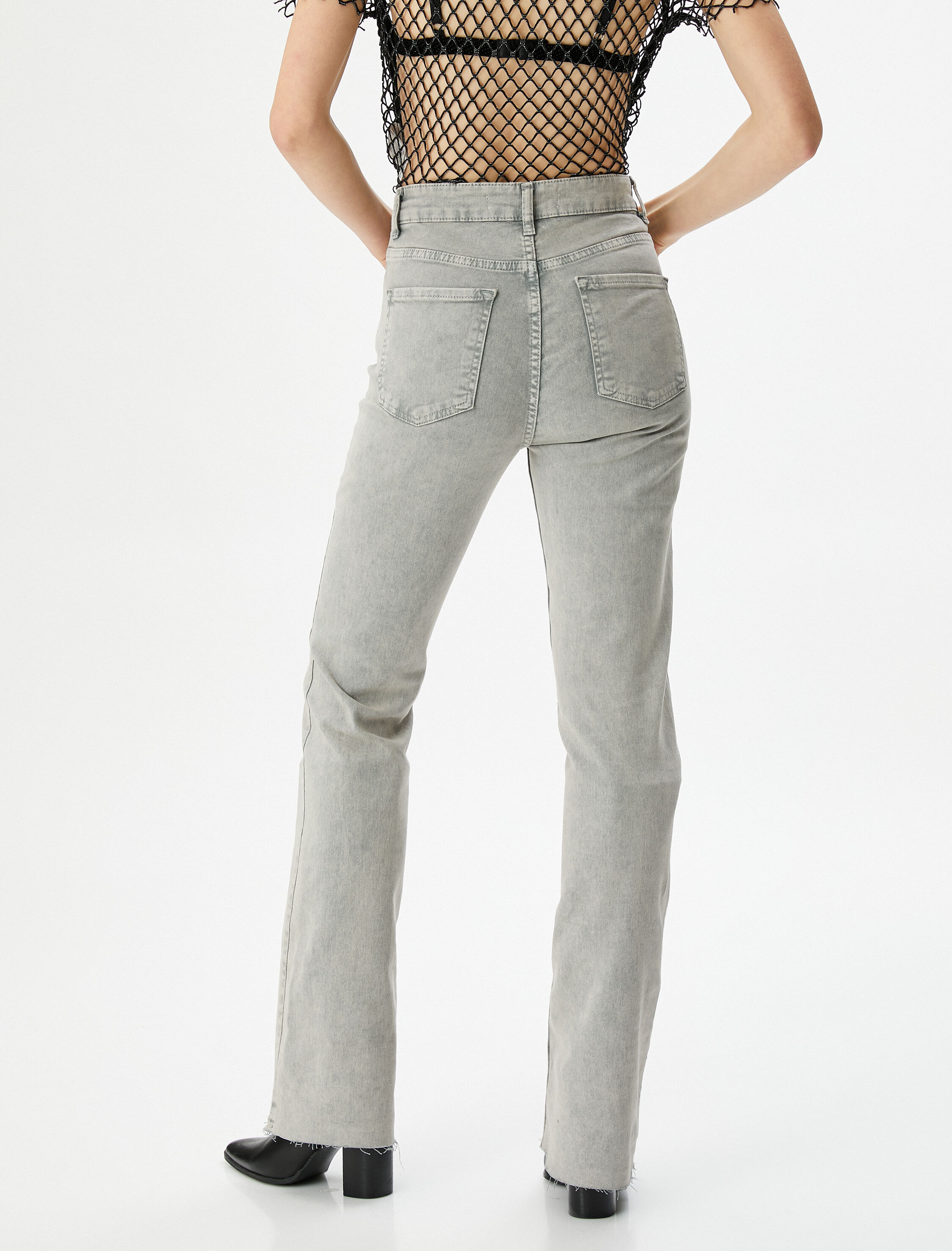 Eskitilmiş Hafif İspanyol Paça Kot Pantolon Dar Kesim Standart Bel Pamuklu Cepli - Flare Slim Jeans