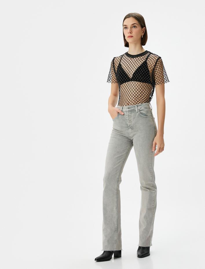  Eskitilmiş Hafif İspanyol Paça Kot Pantolon Dar Kesim Standart Bel Pamuklu Cepli - Flare Slim Jeans