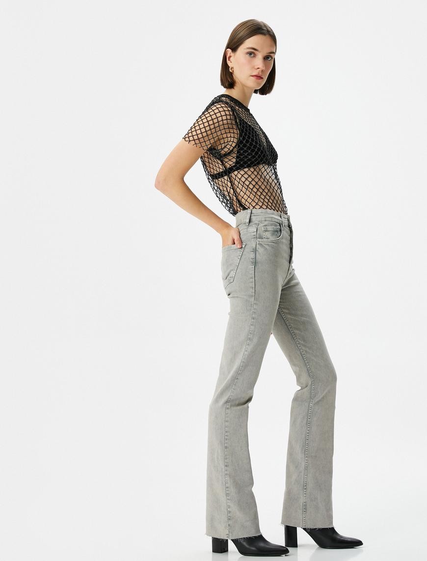   Eskitilmiş Hafif İspanyol Paça Kot Pantolon Dar Kesim Standart Bel Pamuklu Cepli - Victoria Slim Jeans