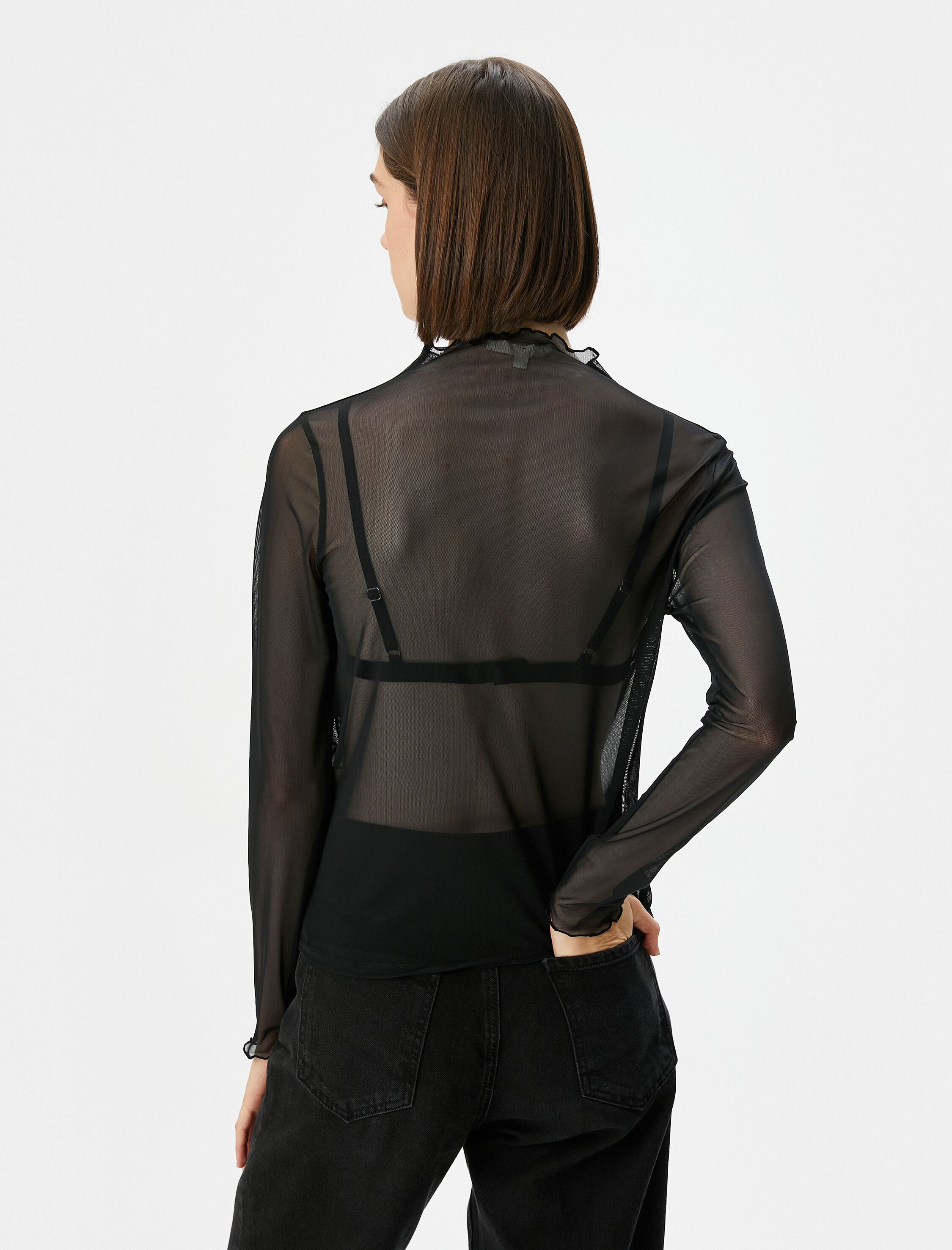   Transparan Tül Tişört Uzun Kollu Dik Yaka