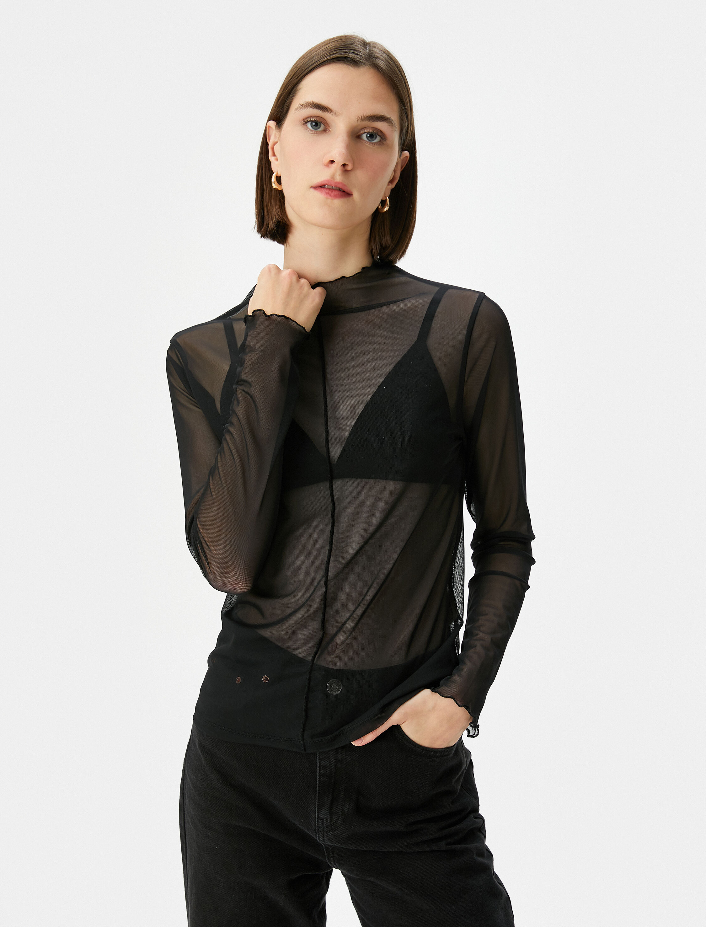   Transparan Tül Tişört Uzun Kollu Dik Yaka