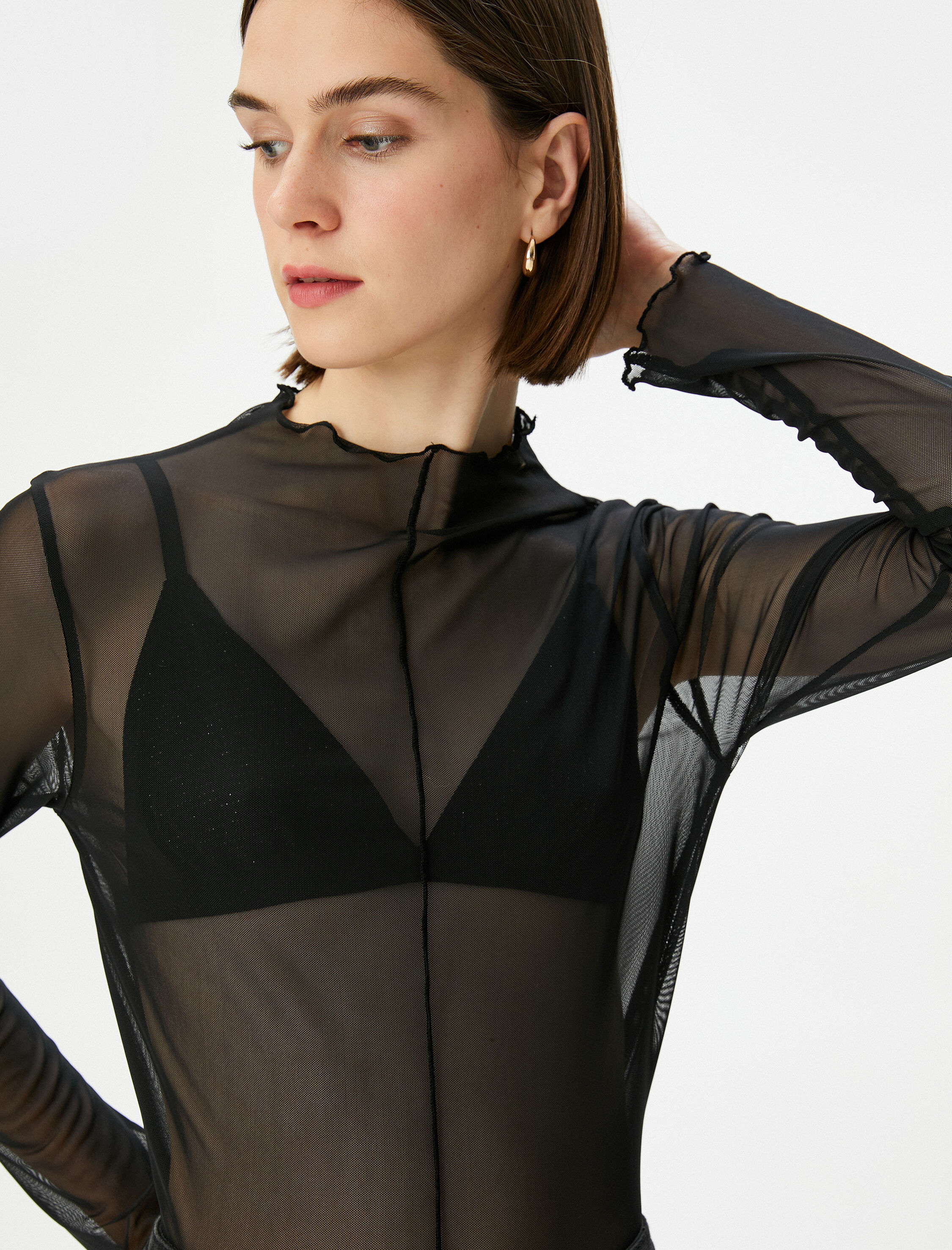   Transparan Tül Tişört Uzun Kollu Dik Yaka