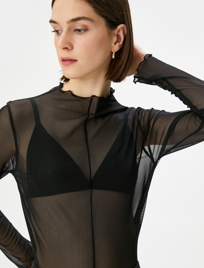  Transparan Tül Tişört Uzun Kollu Dik Yaka