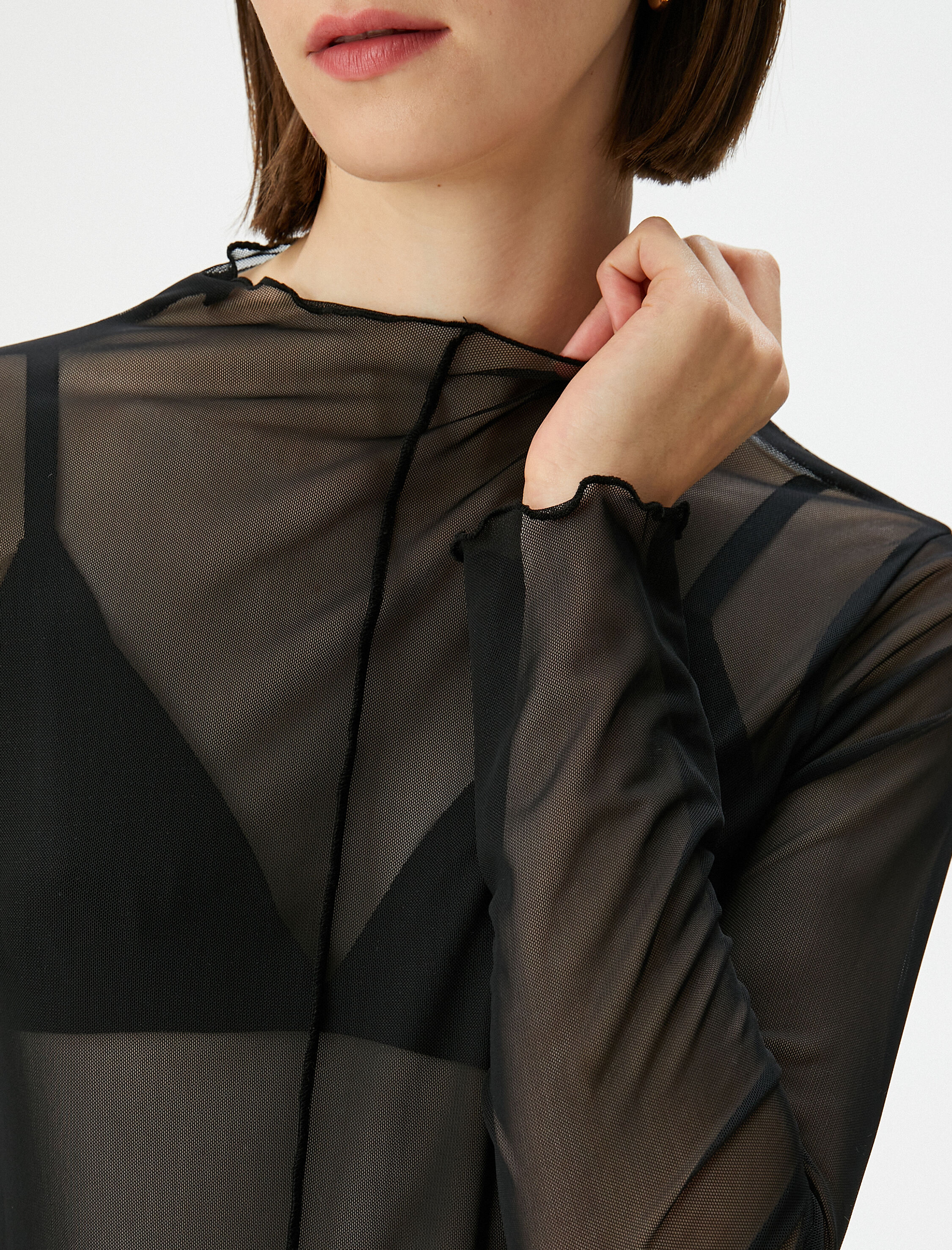   Transparan Tül Tişört Uzun Kollu Dik Yaka