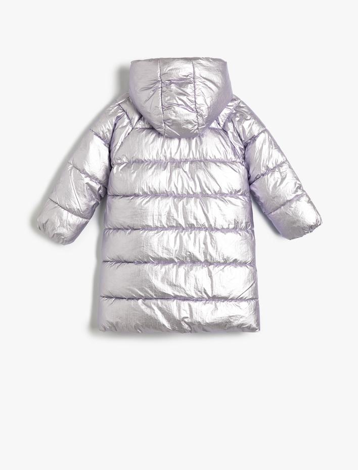 Kız Çocuk Uzun Şişme Mont Kapşonlu Dolgulu Fermuarlı Cepli