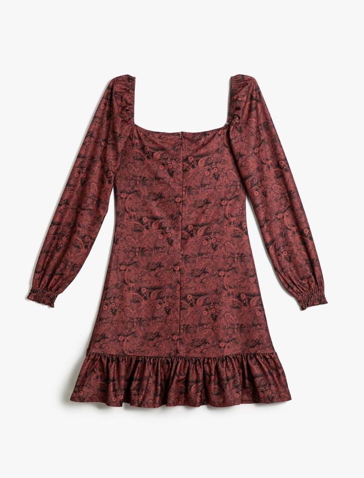  Mini Elbise Etnik Desenli Uzun Kollu Fırfırlı Önden Bağlama Detaylı