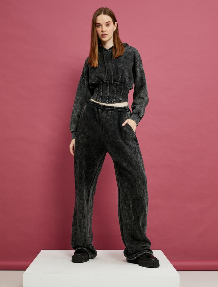  Şardonlu Batik Desenli Sweatshirt Bisiklet Yaka Korse Görünümlü