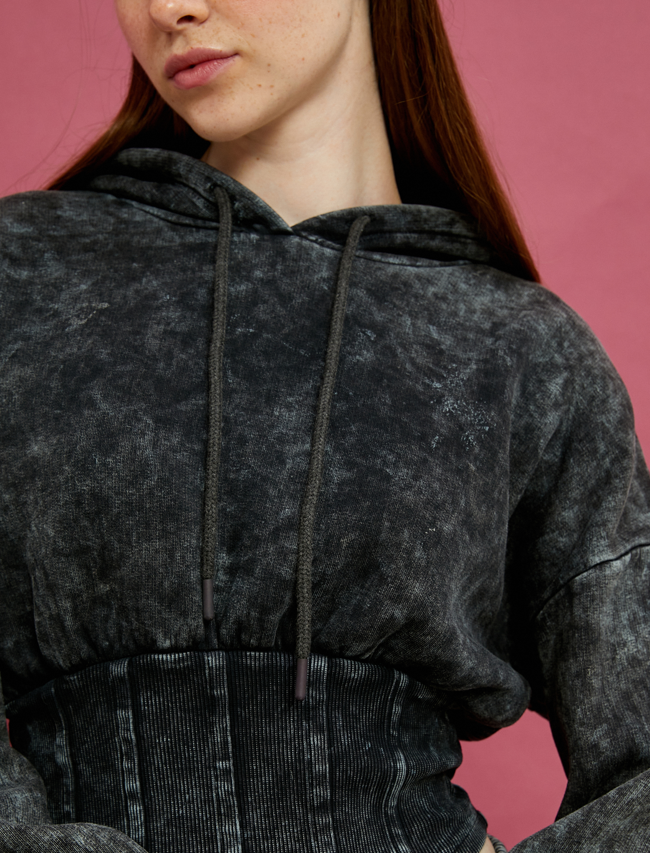   Şardonlu Batik Desenli Sweatshirt Bisiklet Yaka Korse Görünümlü