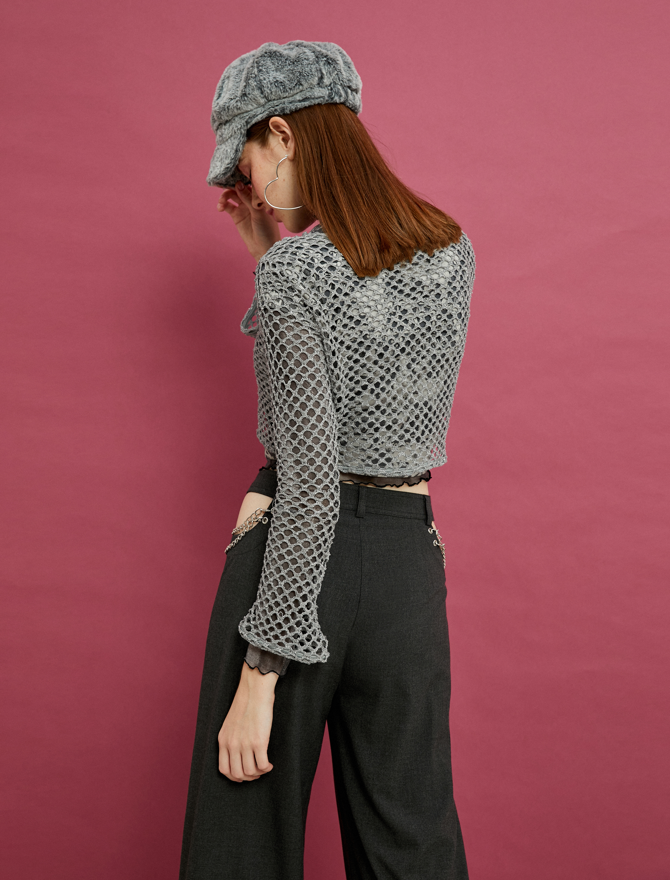   Uzun Kollu Tişört Crop Sim Detaylı Ajurlu İspanyol Kollu Rahat Kesim