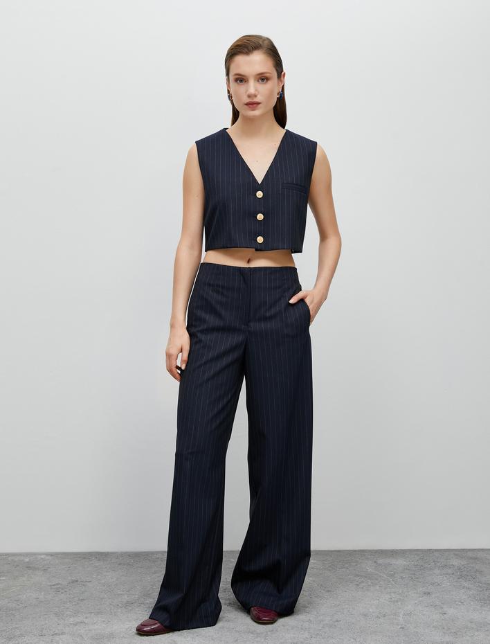  Crop Yelek Gold Düğmeli V Yaka Cep Detaylı