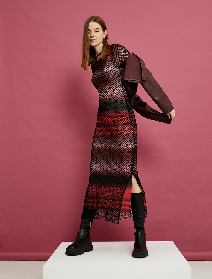  Fileli Maksi Kalem Elbise Renk Geçişli Uzun Kollu Yuvarlak Yaka