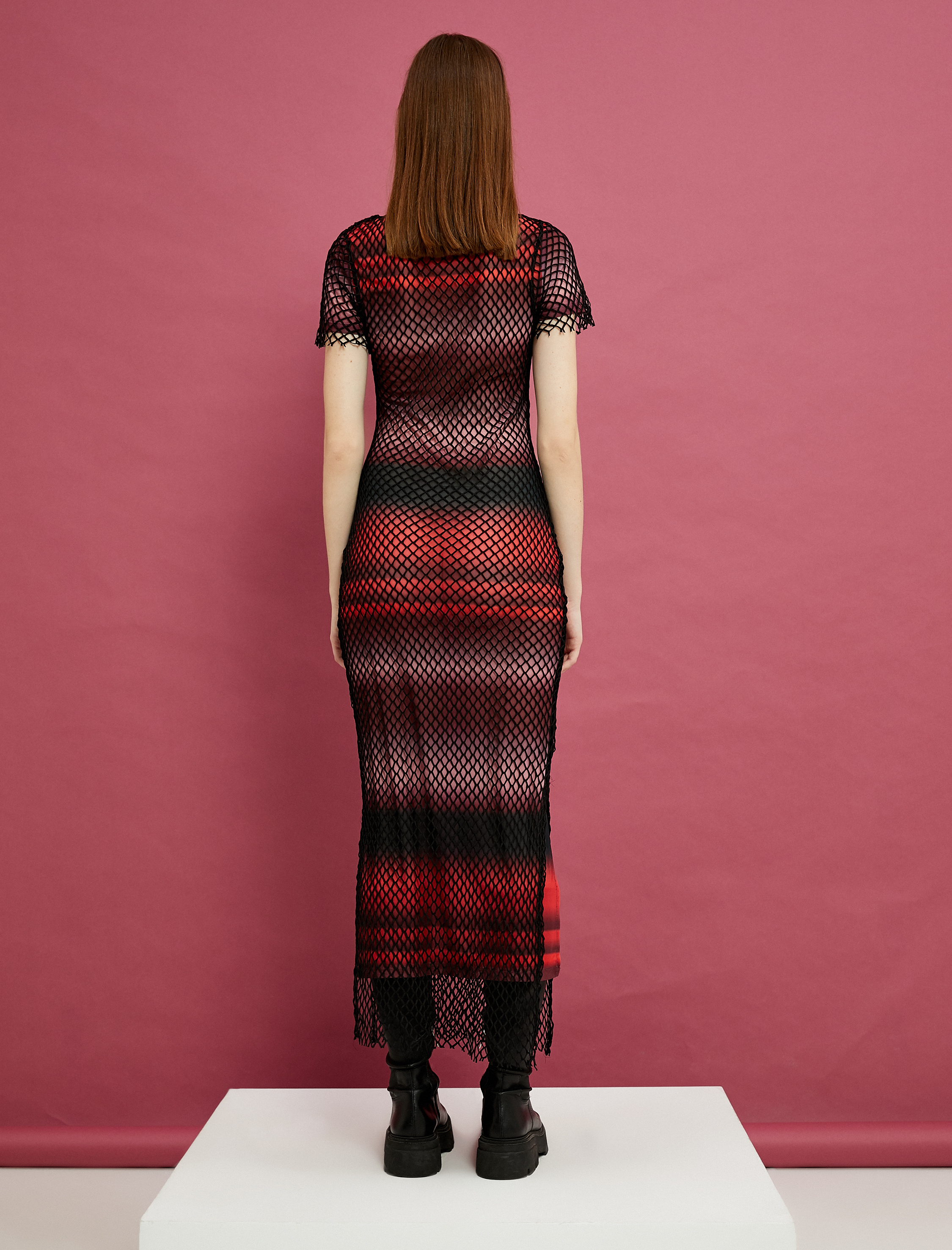   Fileli Maksi Kalem Elbise Renk Geçişli Uzun Kollu Yuvarlak Yaka