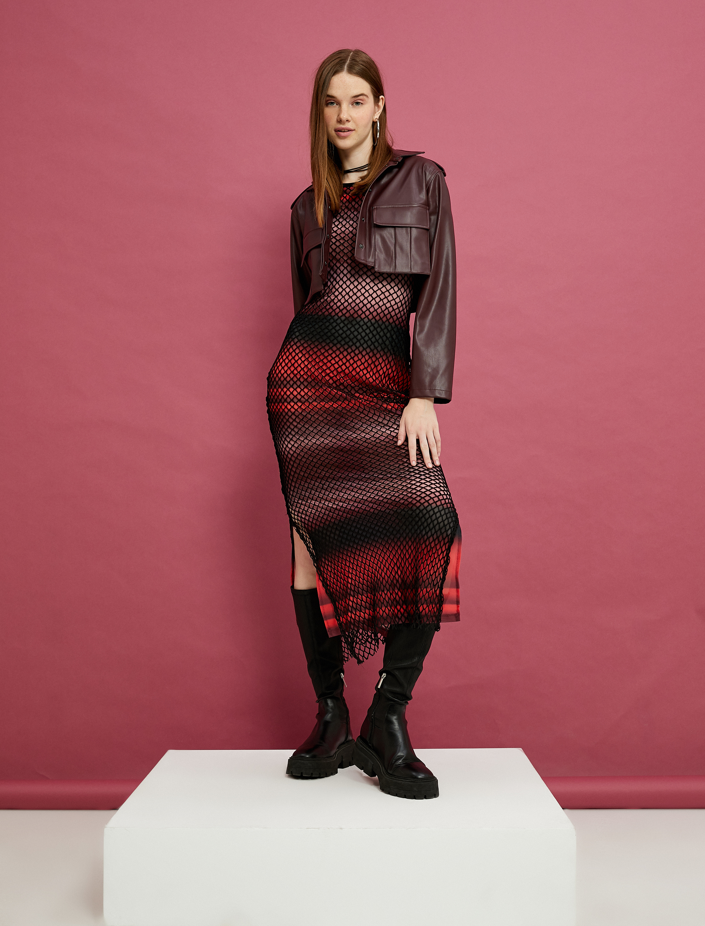   Fileli Maksi Kalem Elbise Renk Geçişli Uzun Kollu Yuvarlak Yaka