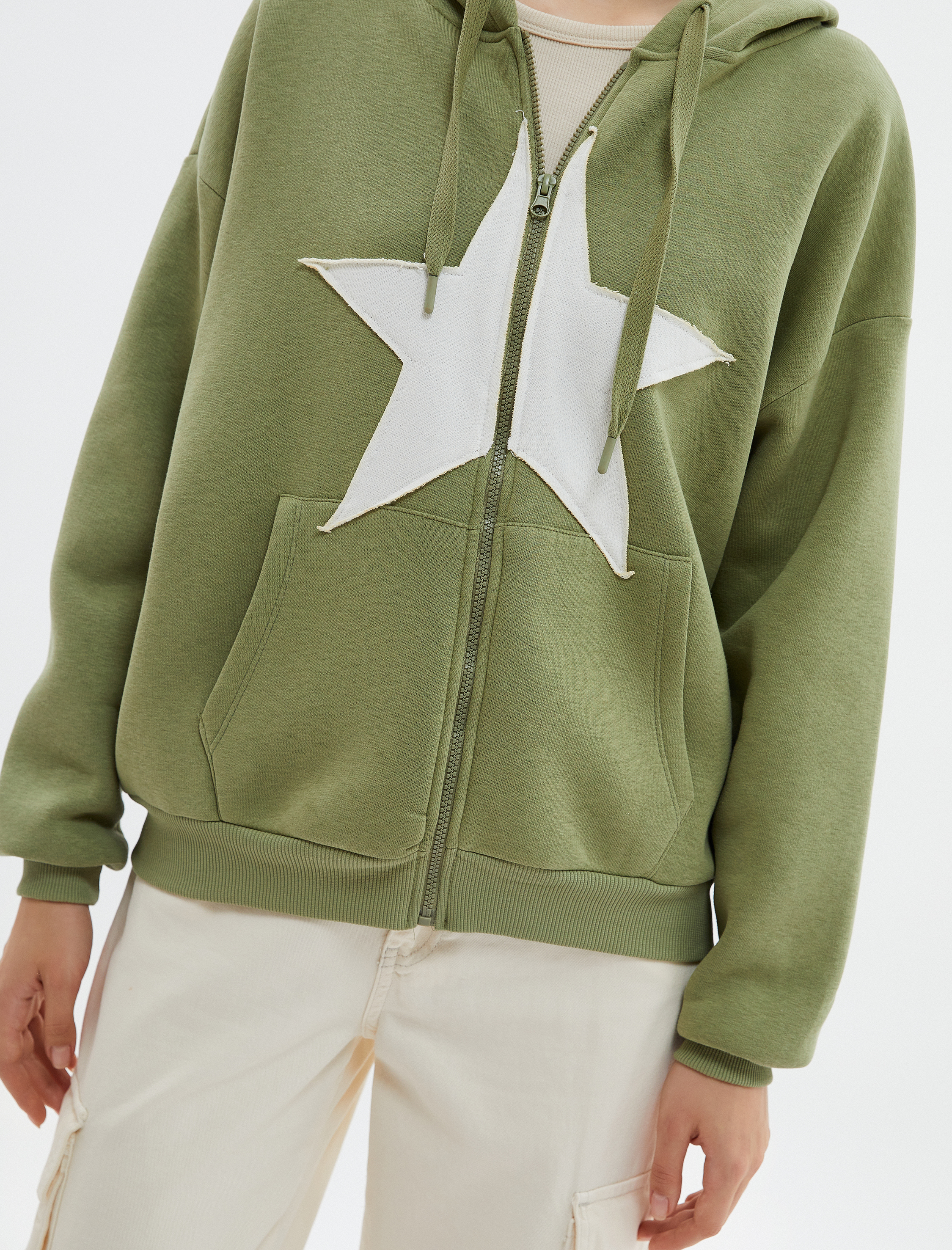 Oversize Fermuarlı Kapşonlu Sweatshirt Şardonlu Yıldız Aplike Detaylı Pamuklu