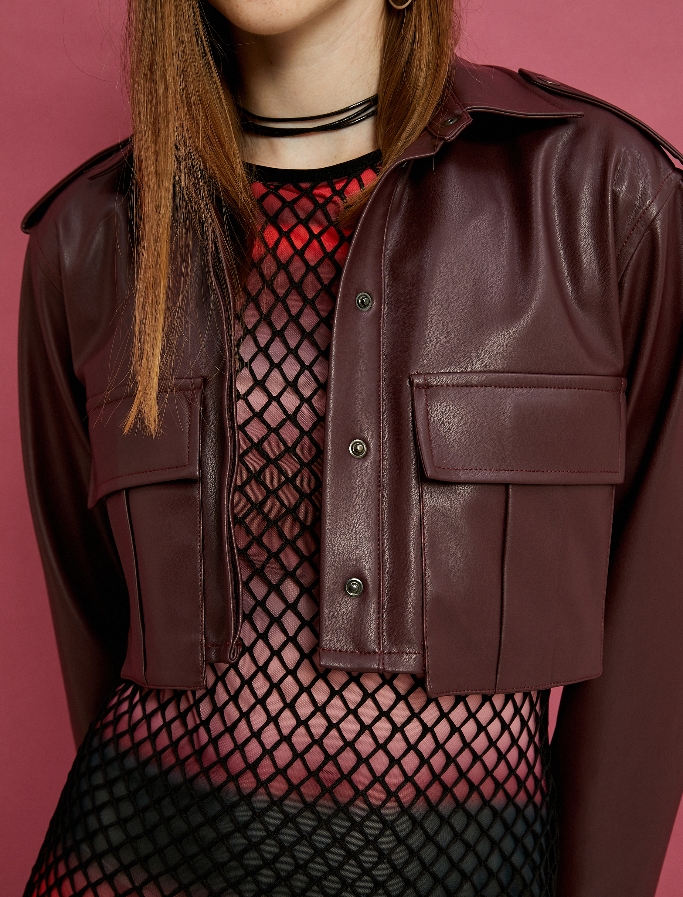   Crop Ceket Deri Görünümlü Kapaklı Geniş Cepli Gömlek Yaka