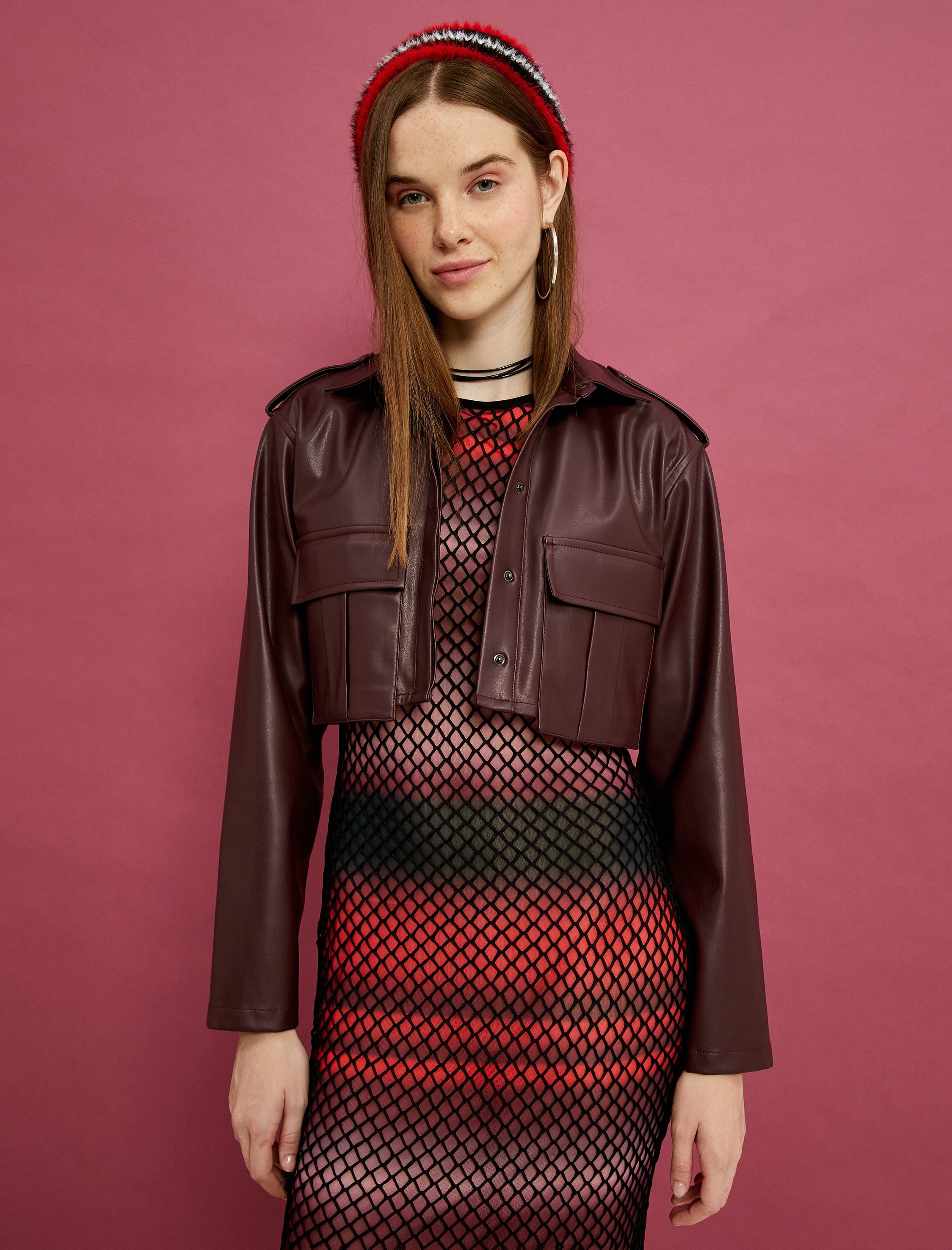   Crop Ceket Deri Görünümlü Kapaklı Geniş Cepli Gömlek Yaka