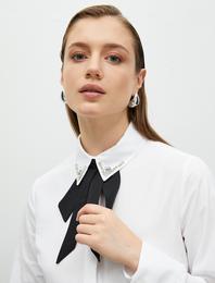 Taşlı Gömlek Fular Yaka Uzun Kollu Düğmeli