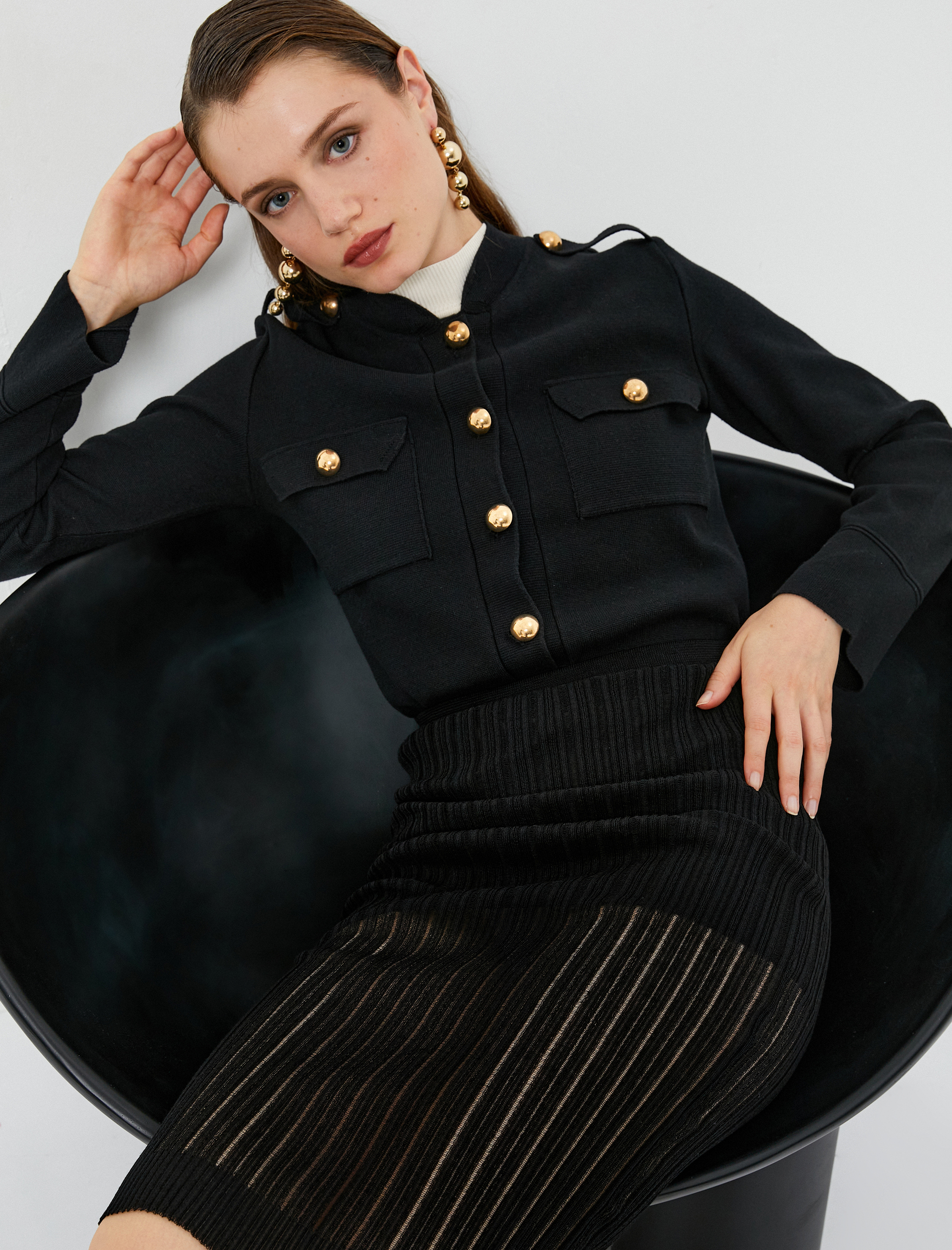   Triko Hırka Gold Düğmeli Cepli Apolet Detaylı