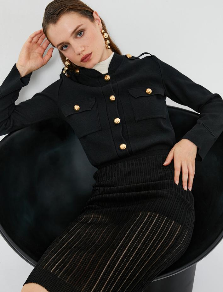  Triko Hırka Gold Düğmeli Cepli Apolet Detaylı