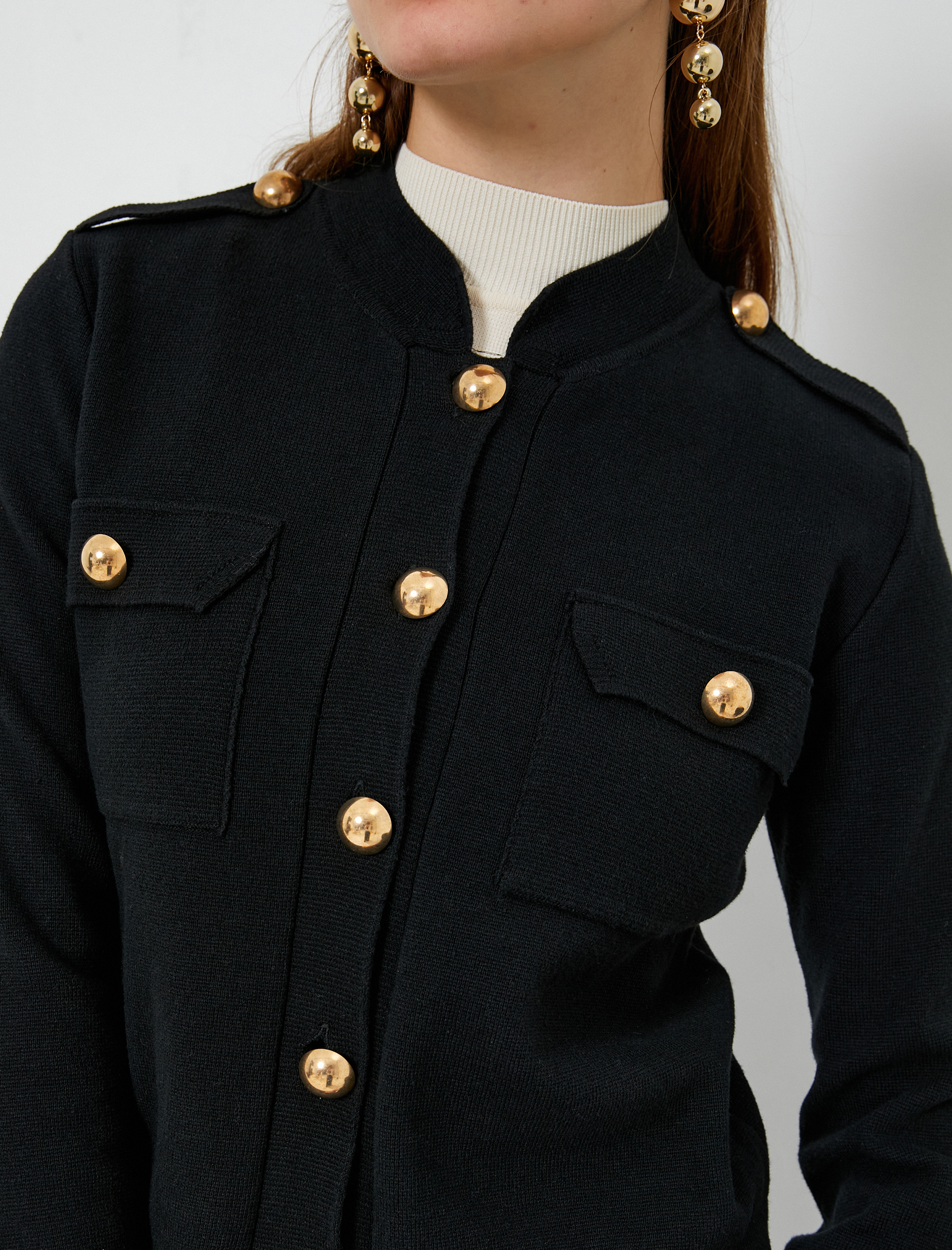   Triko Hırka Gold Düğmeli Cepli Apolet Detaylı