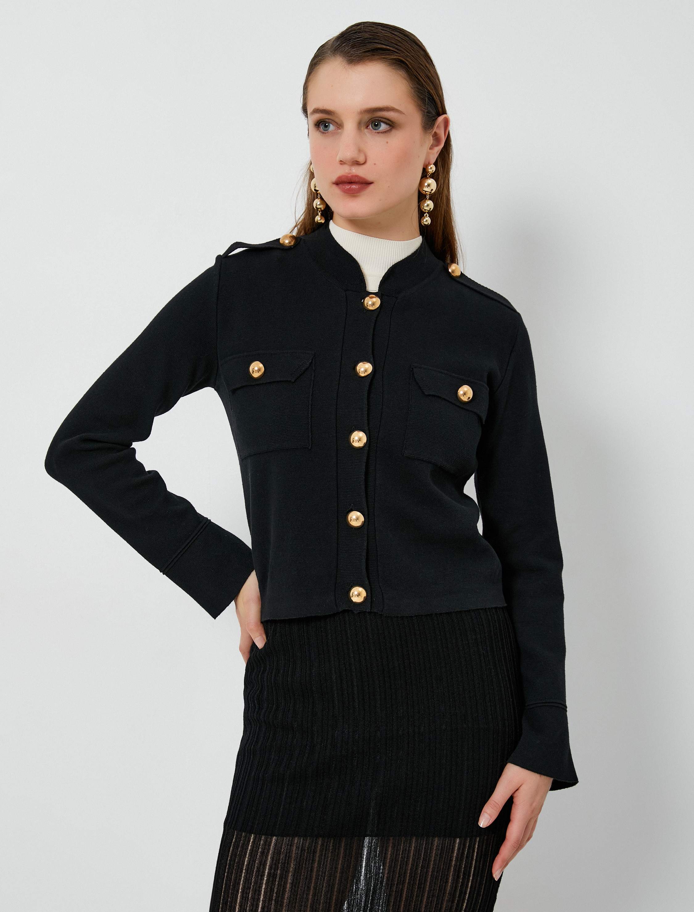   Triko Hırka Gold Düğmeli Cepli Apolet Detaylı