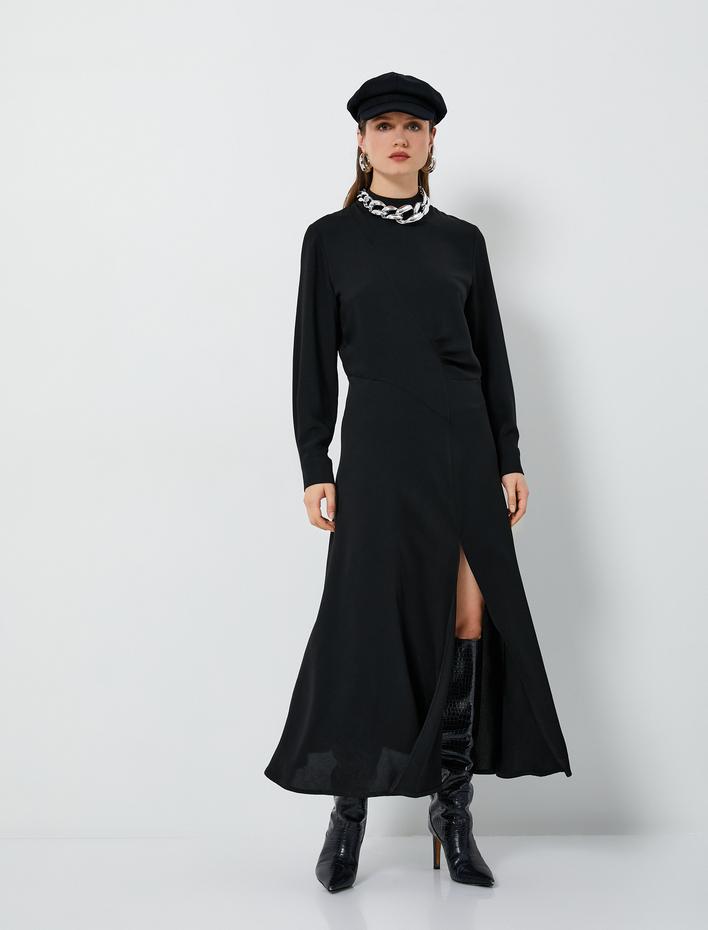  Uzun Kollu Midi Elbise Drapeli Yırtmaçlı Viskon