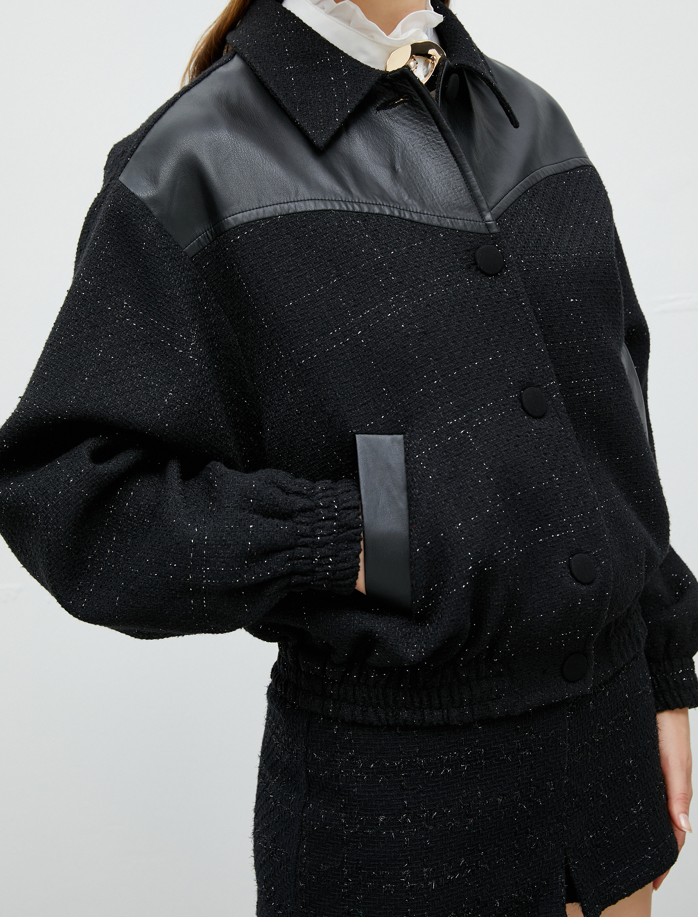   Tüvit Bomber Ceket Suni Deri Detaylı Cepli Düğmeli