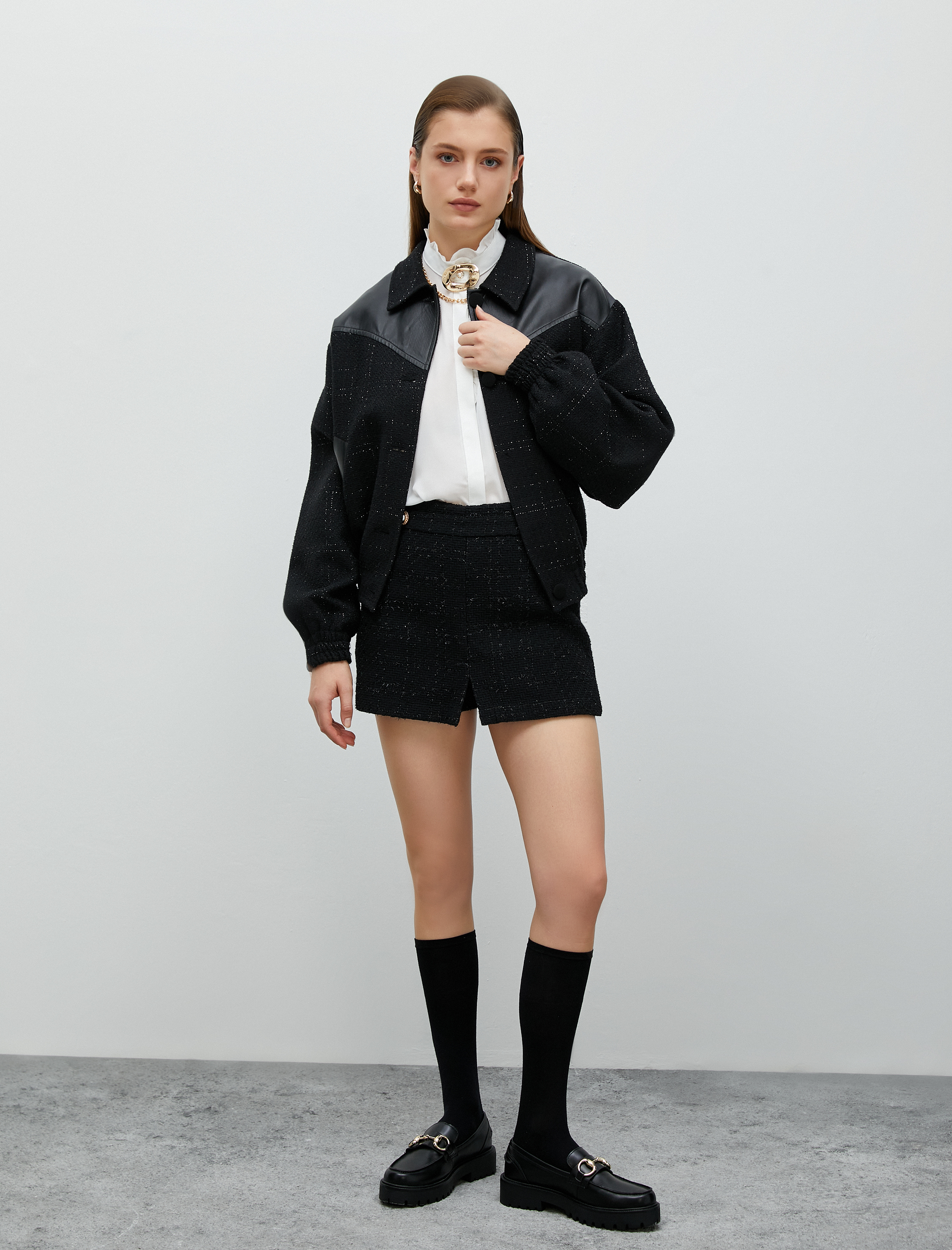   Tüvit Bomber Ceket Suni Deri Detaylı Cepli Düğmeli