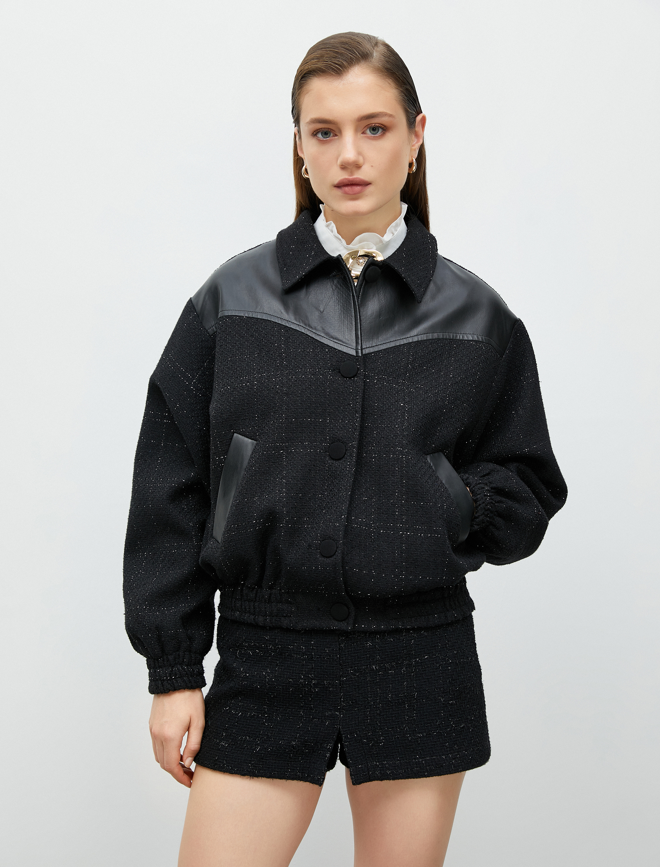   Tüvit Bomber Ceket Suni Deri Detaylı Cepli Düğmeli