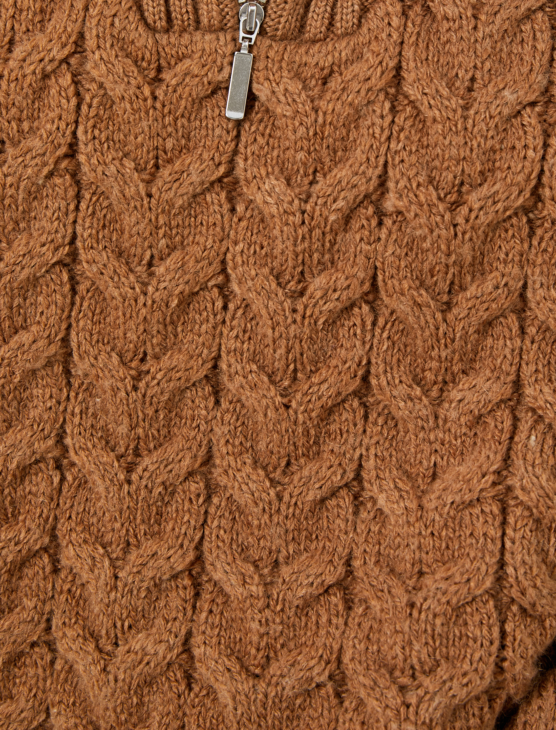   Oversize Süveter Örgü Yarım Fermuarlı Geniş Yaka Saç Örgüsü Desenli