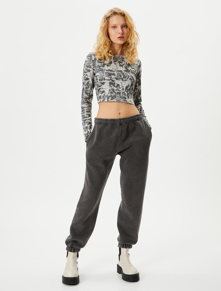  Crop Baskılı Tişört Uzun Kollu Bisiklet Yaka Slim Fit Pamuklu