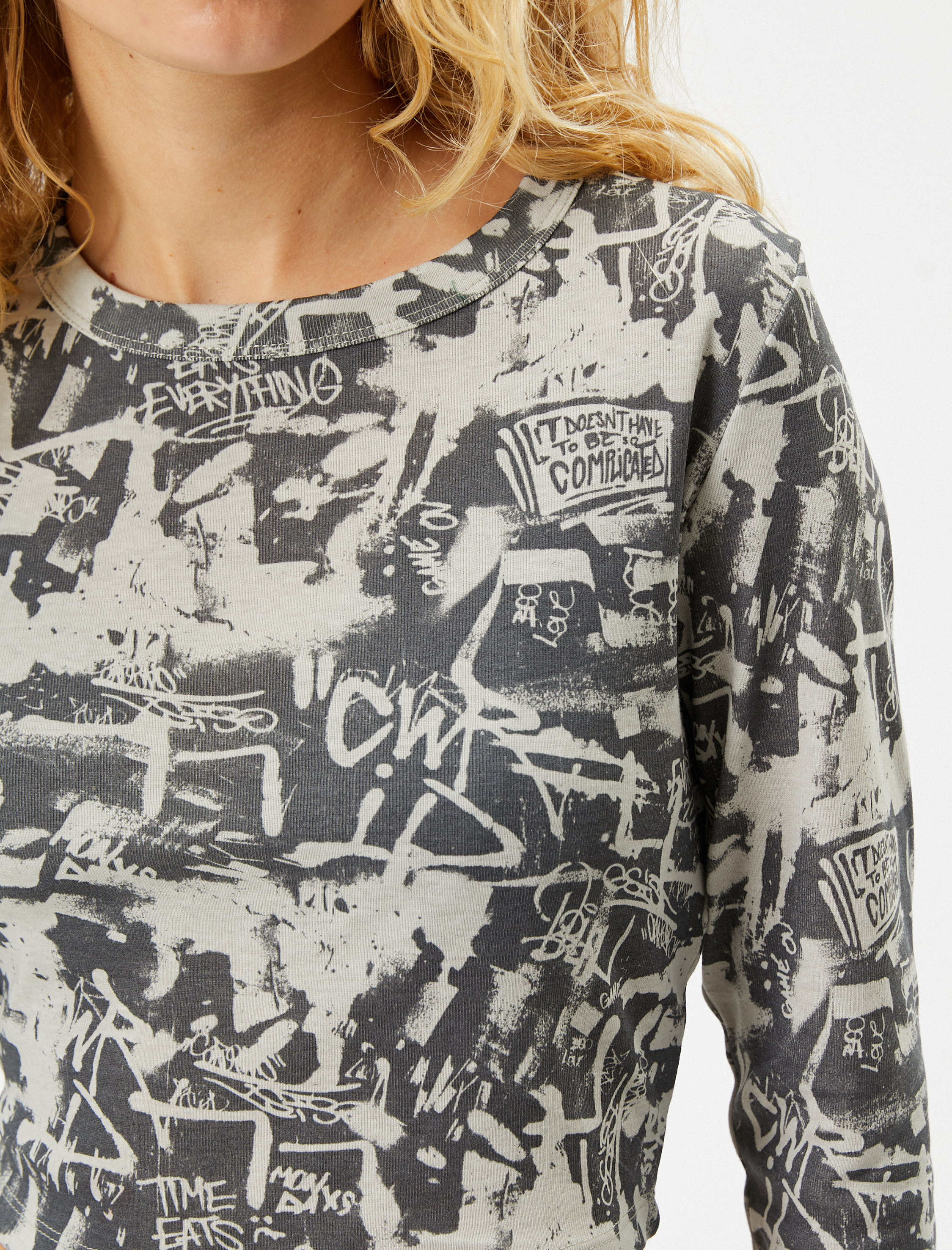   Crop Baskılı Tişört Uzun Kollu Bisiklet Yaka Slim Fit Pamuklu