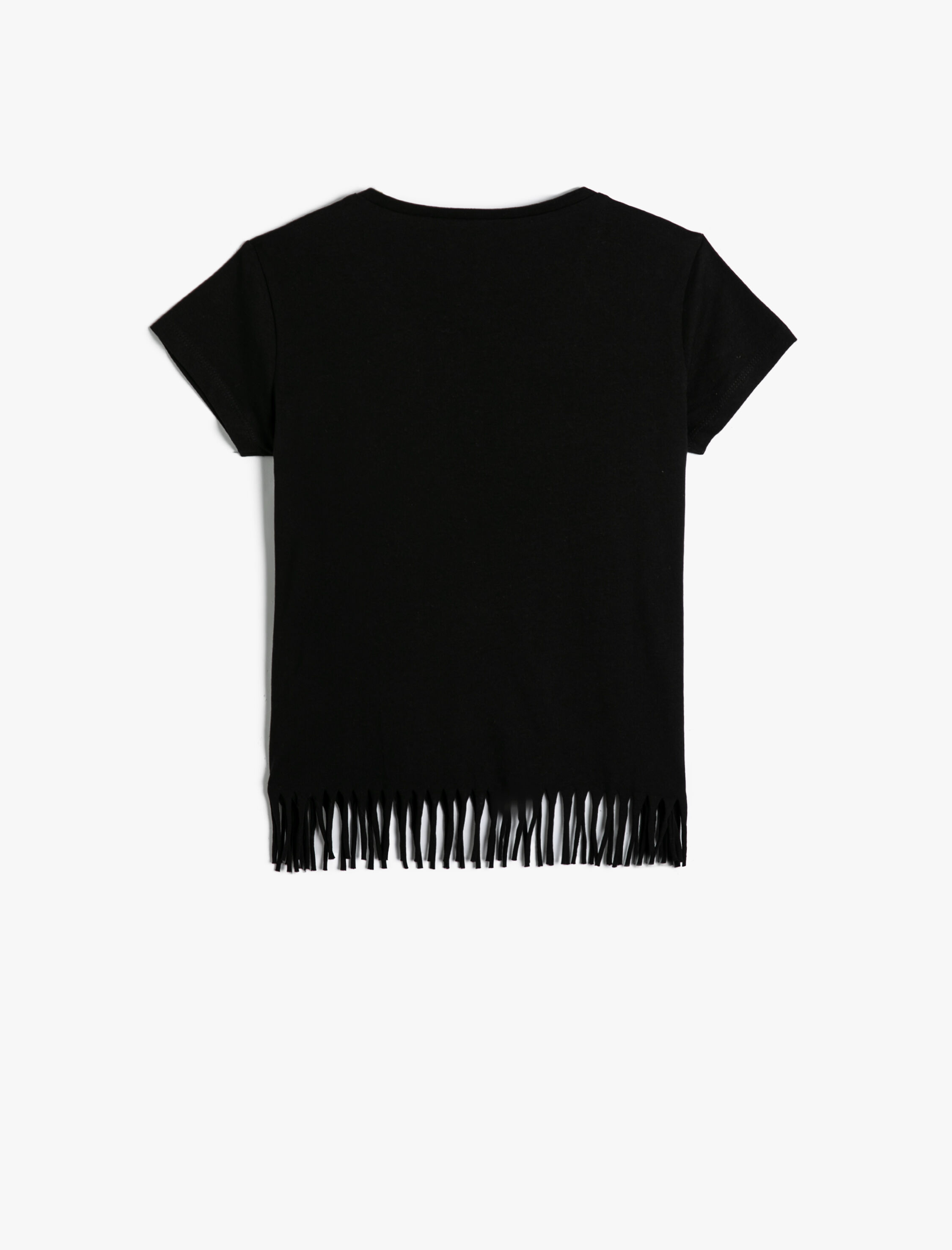  Kız Çocuk Püsküllü Tişört Kedi Baskılı Kısa Kollu Pamuklu