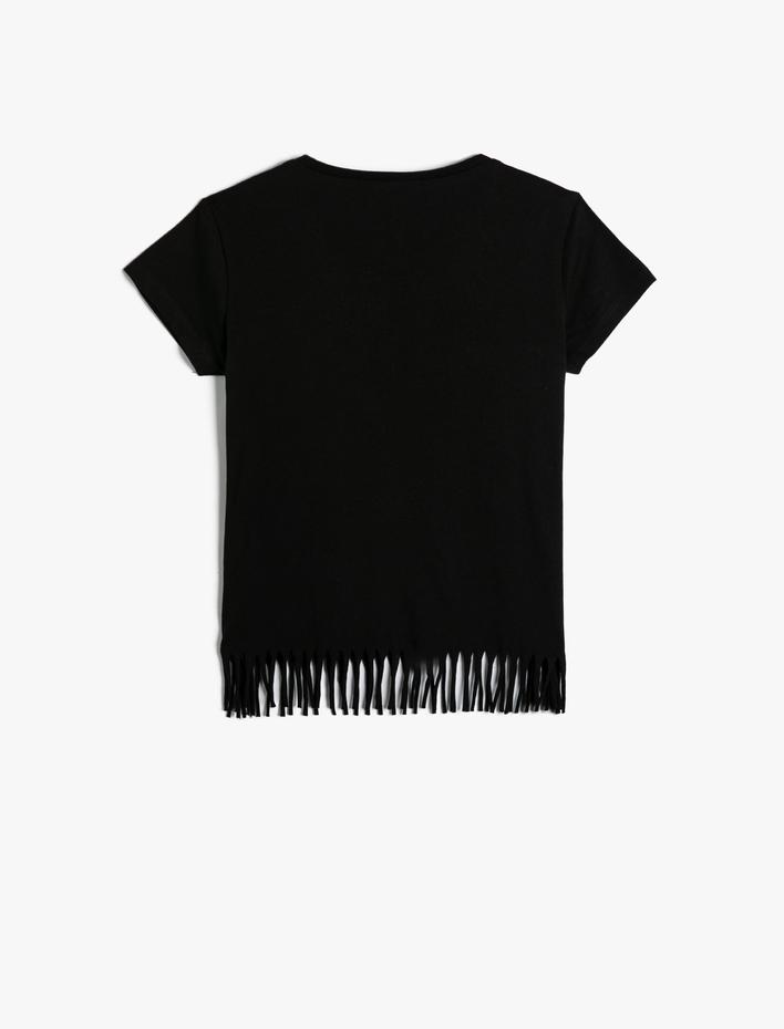 Kız Çocuk Püsküllü Tişört Kedi Baskılı Kısa Kollu Pamuklu