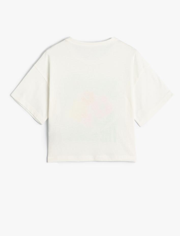 Kız Çocuk Çiçekli Tişört Kısa Kollu Bisiklet Yaka Slogan Baskılı Pamuklu