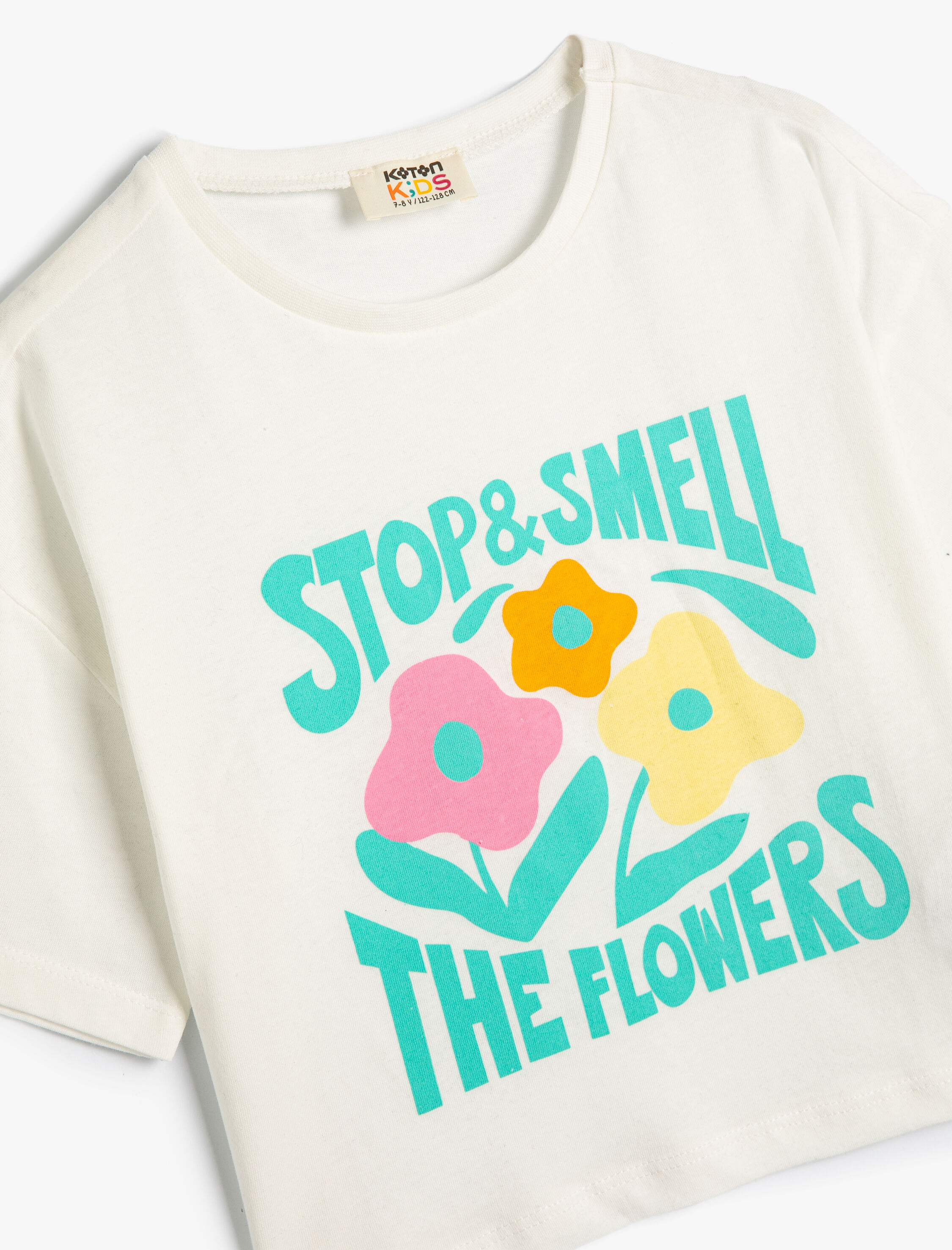  Kız Çocuk Çiçekli Tişört Kısa Kollu Bisiklet Yaka Slogan Baskılı Pamuklu