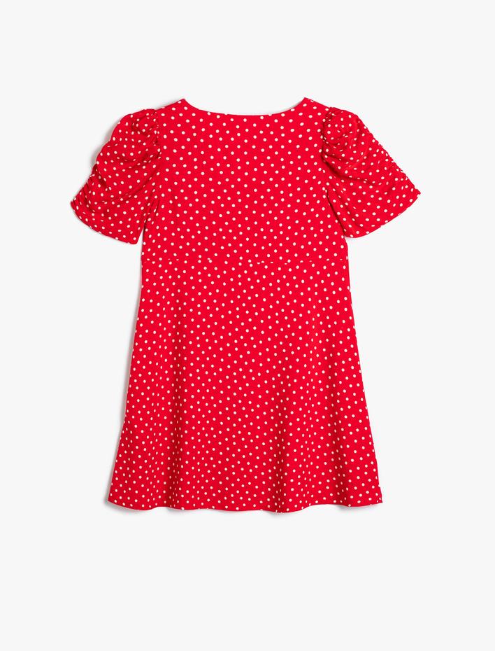 Kız Çocuk Puantiyeli Elbise Balon Kollu Düğme Kapamalı Viskon Kumaş