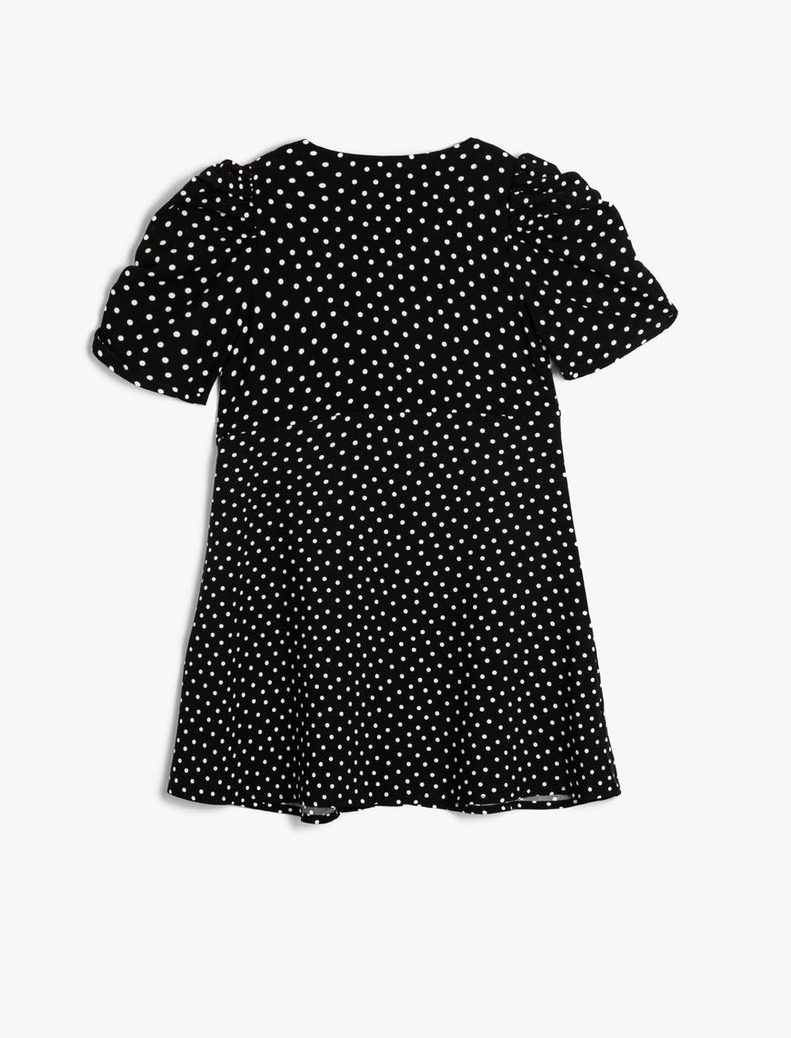  Kız Çocuk Puantiyeli Elbise Balon Kollu Düğme Kapamalı Viskon Kumaş