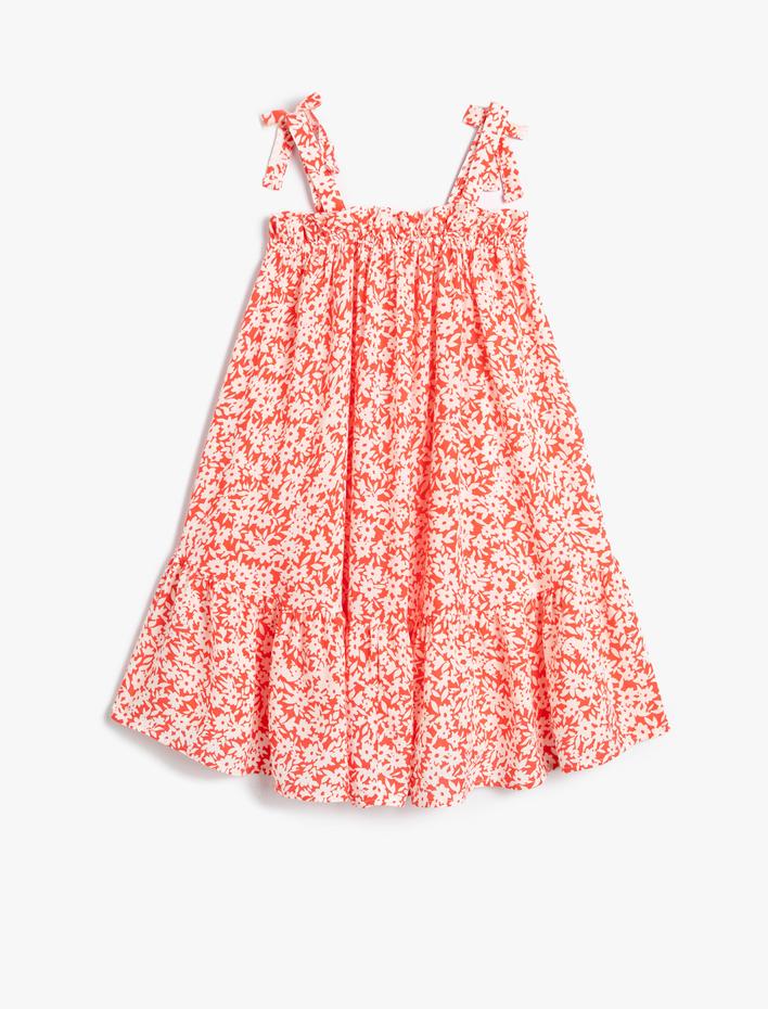 Kız Çocuk Çiçekli Elbise Askılı Katlı Viskon Kumaş