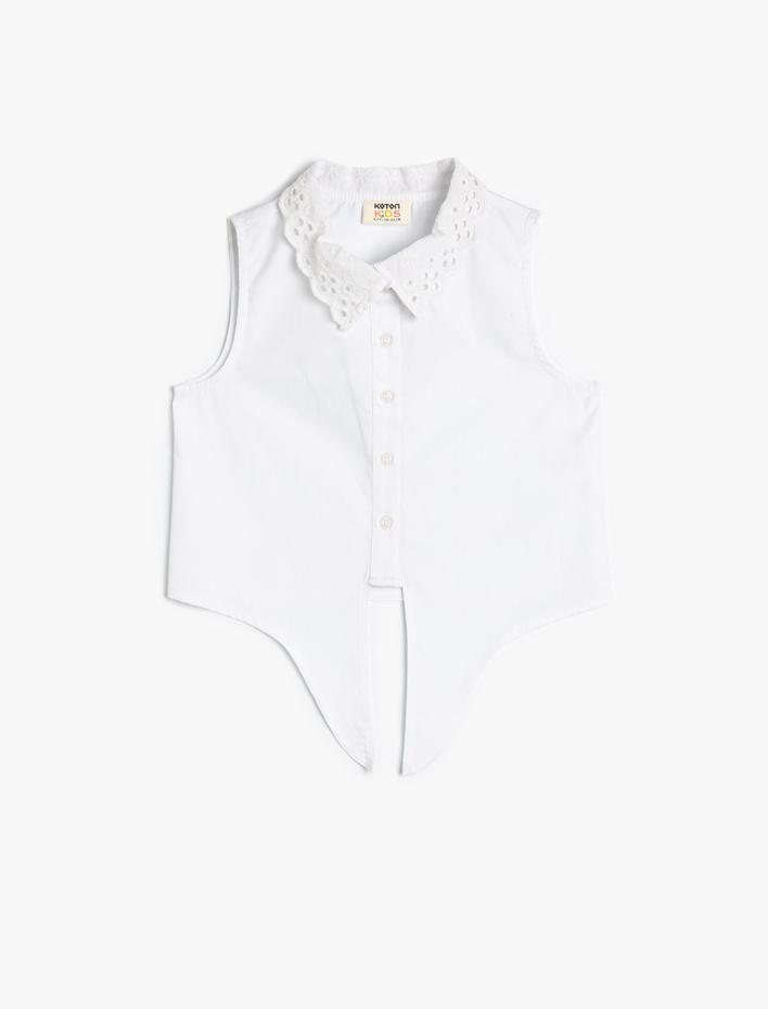 Kız Çocuk Crop Gömlek Güpür Yaka Bağlamalı Kolsuz Pamuklu