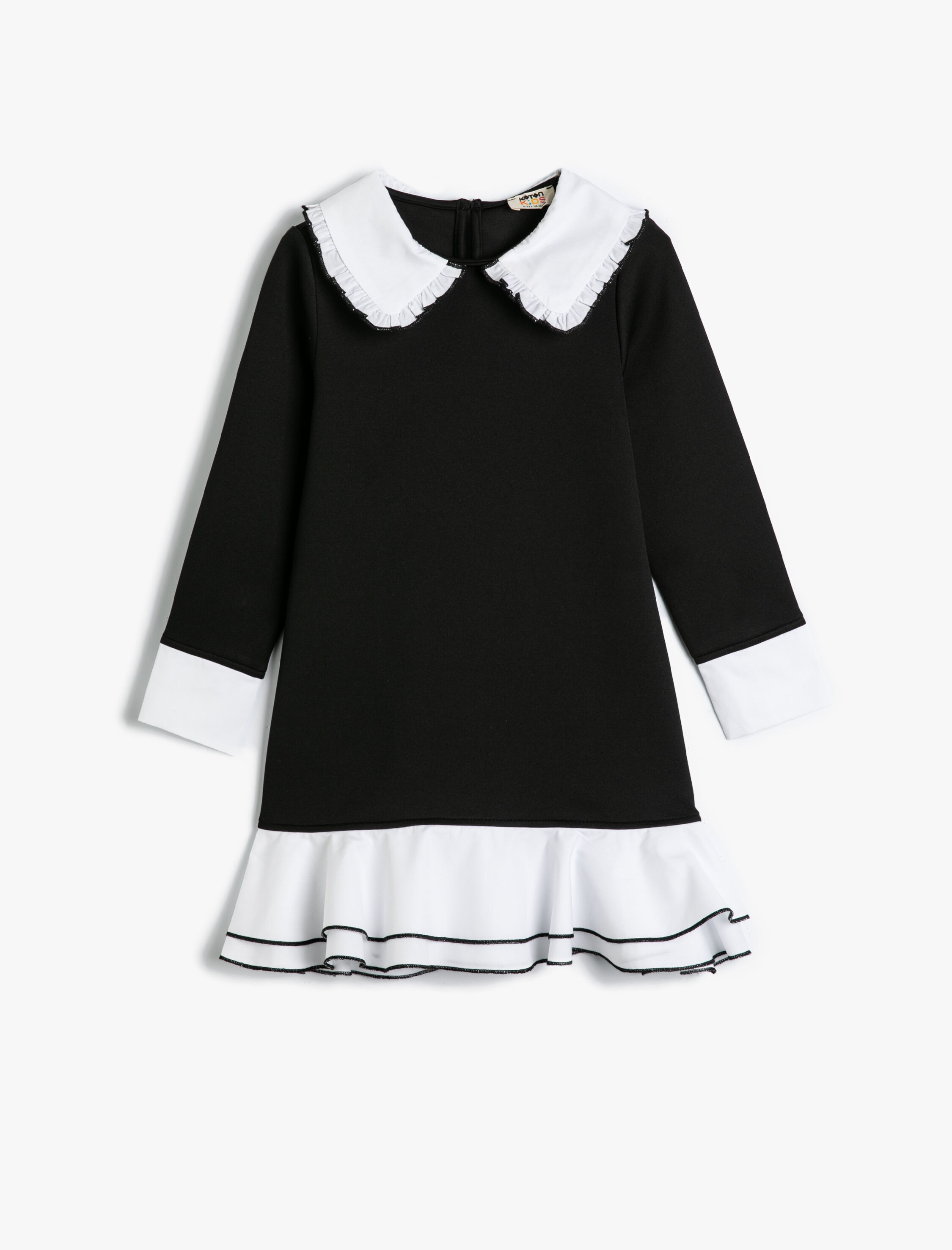  Kız Çocuk Bebe Yaka Elbise Uzun Kollu Renk Kontrastlı Fırfırlı