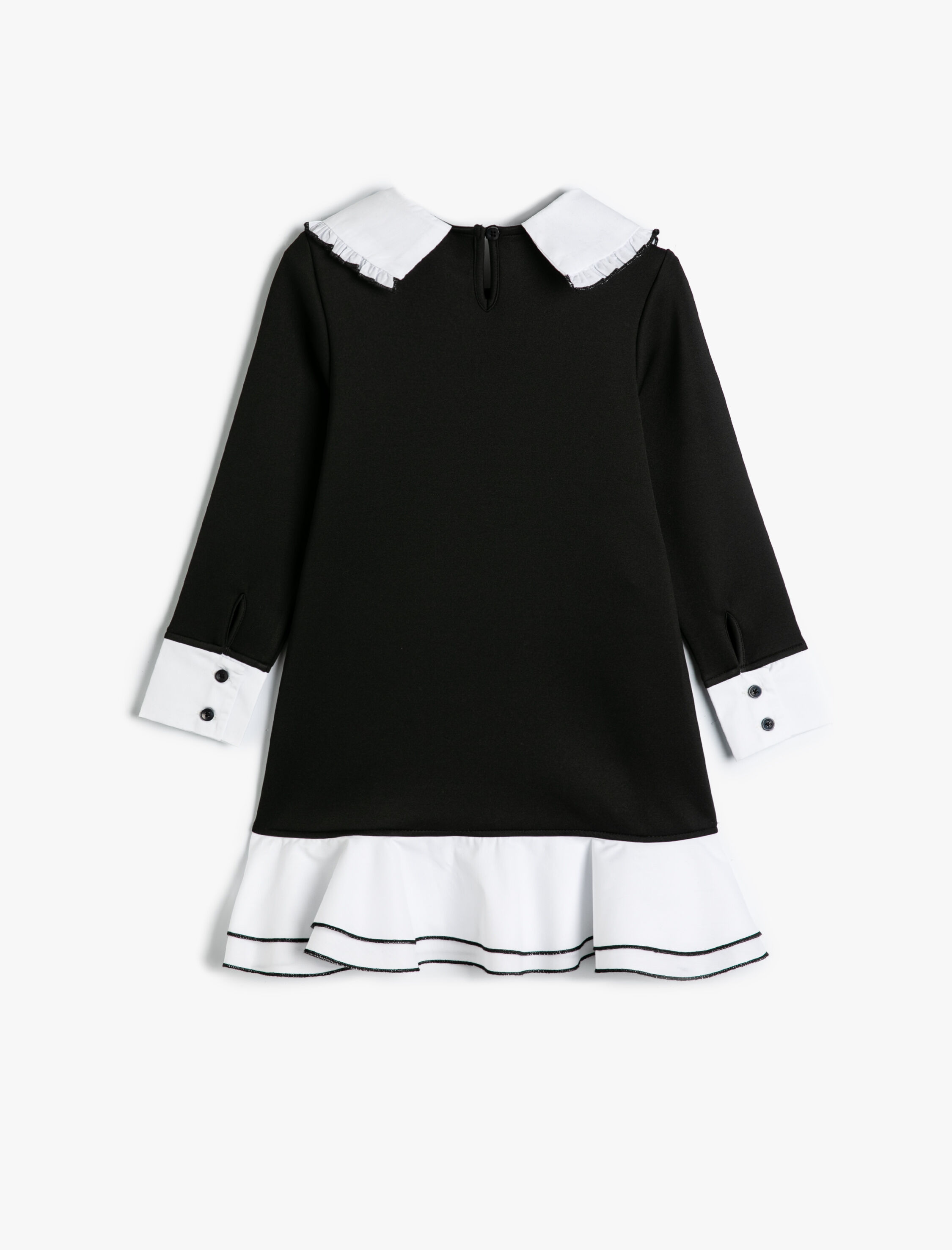  Kız Çocuk Bebe Yaka Elbise Uzun Kollu Renk Kontrastlı Fırfırlı