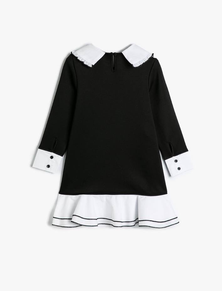 Kız Çocuk Bebe Yaka Elbise Uzun Kollu Renk Kontrastlı Fırfırlı